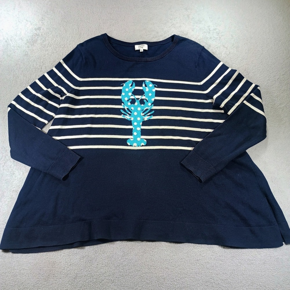 Crown & Ivy Womens Sweater Navy Blue Small Striped Lobster Knit Top